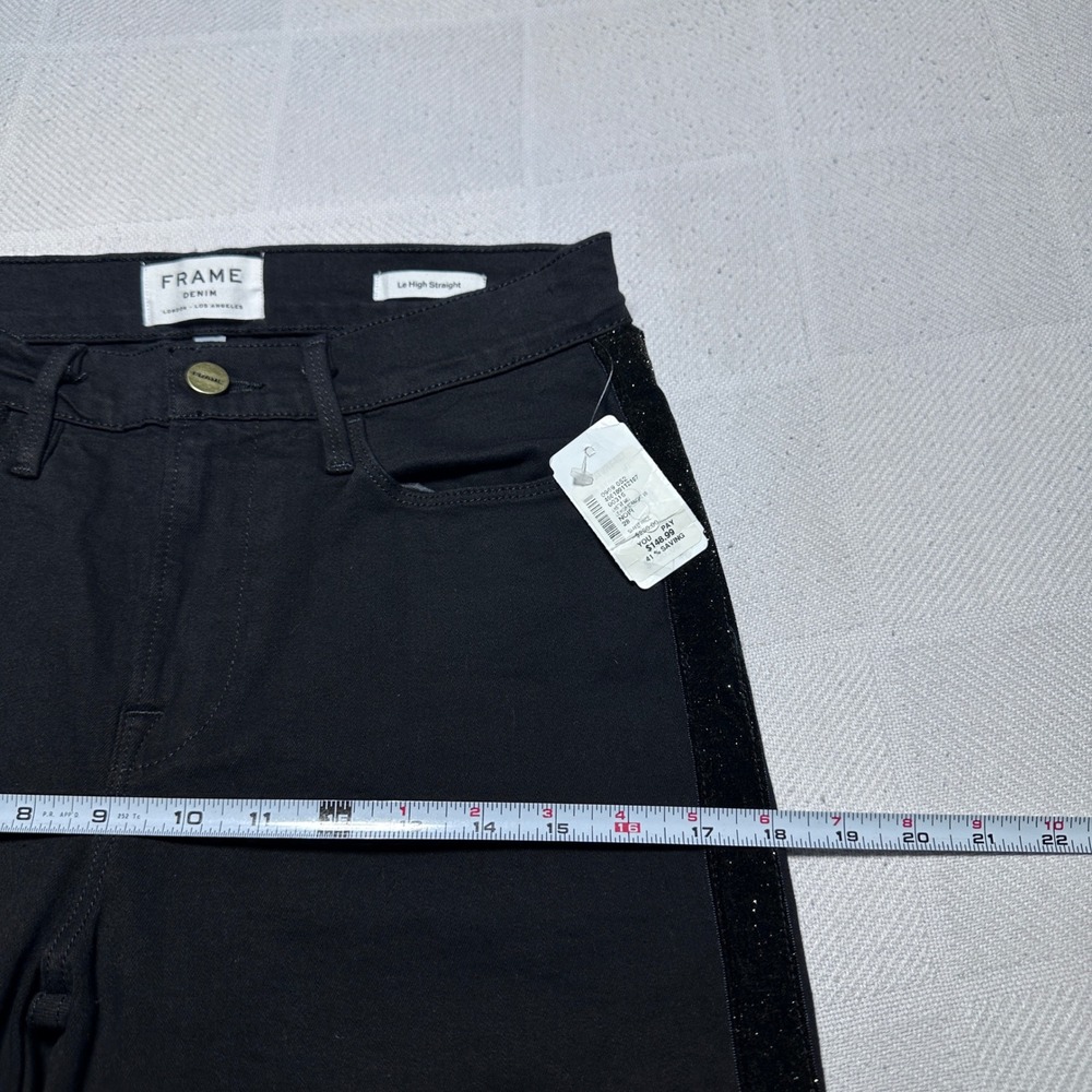 NEW FRAME Le High Straight Jeans Womens 28 Glitter Velour Stripe Raw Hem Black - Picture 11 of 15
